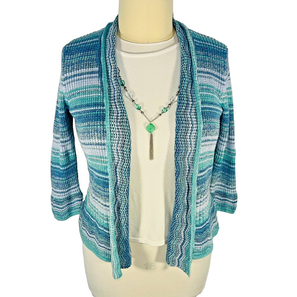 Alfred Dunner - Cardigan Sweater/Tank Twinset Women's PL Striped Silver Metallic